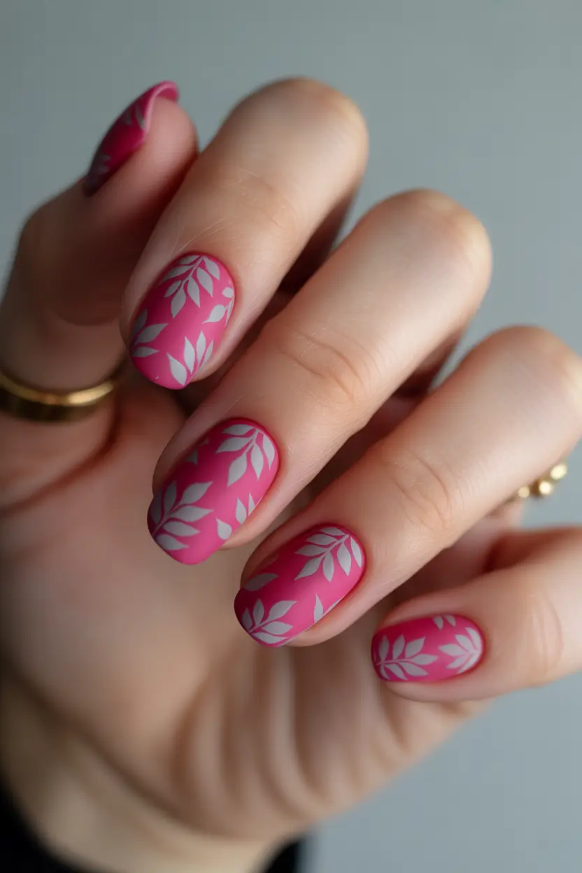 March Nails Color Ideas Spring Trends 2026 Matte Hot Pink With Clean White Leaf Prints
