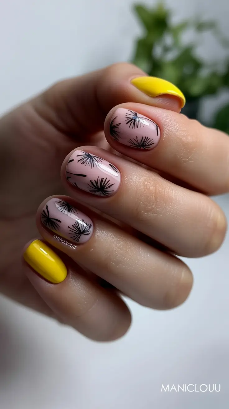 March Nails Color Ideas Spring Trends 2026 Sunny Yellow Accents With Minimal Botanical Art