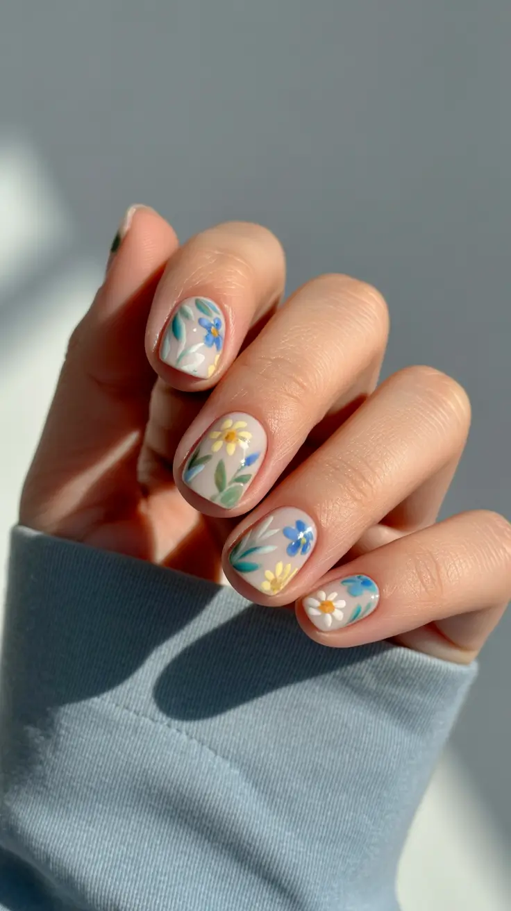 March Nails Color Ideas - Spring Trends 2026 Soft Floral Short Nails with a Fresh March Palette