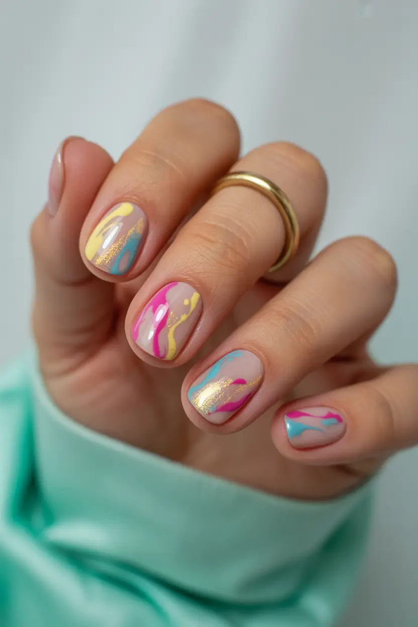 March Nails Color Ideas - Spring Trends 2026 Abstract Pastel Swirls with Gold for a Fun Spring Twist