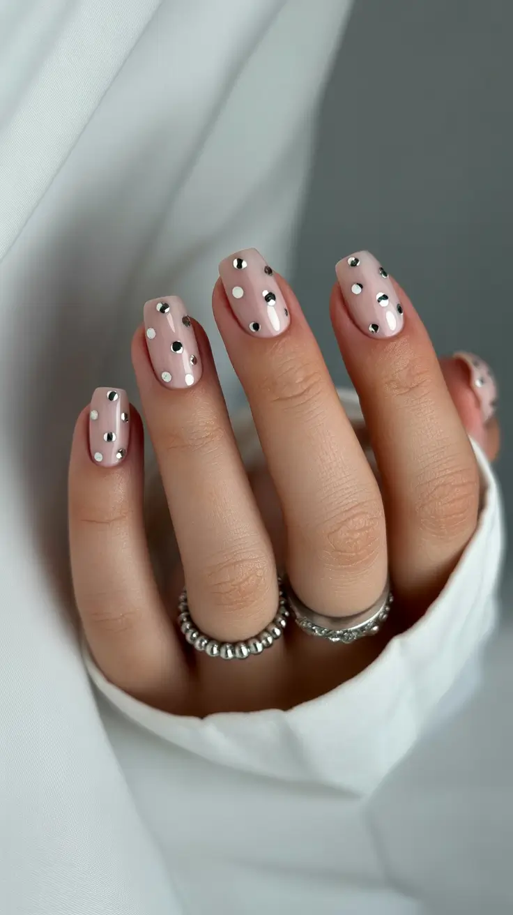 March Nails Color Ideas - Spring Trends 2026 Minimal Blush Nails with Polka Dot Sparkle