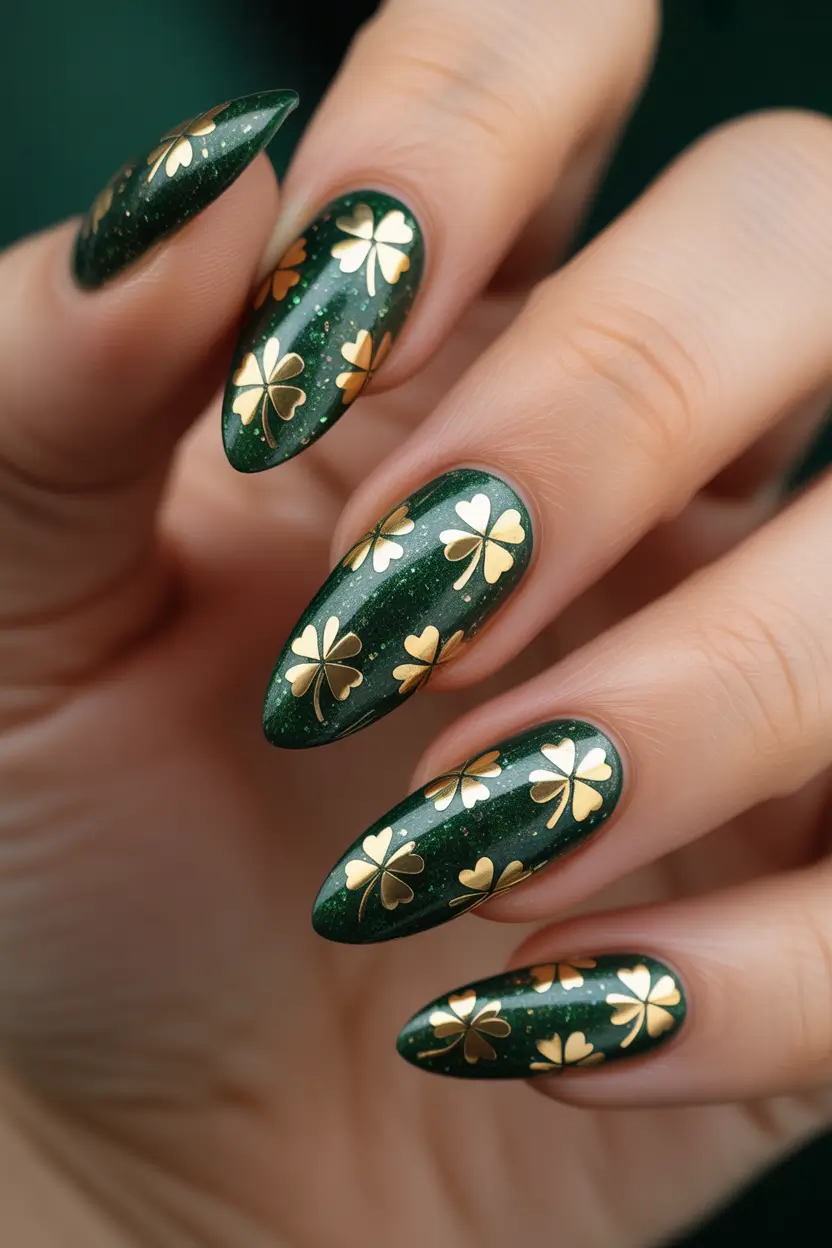 March Nails Ideas - Spring Trends 2026 St Patricks Day Green with Gold Clover Details