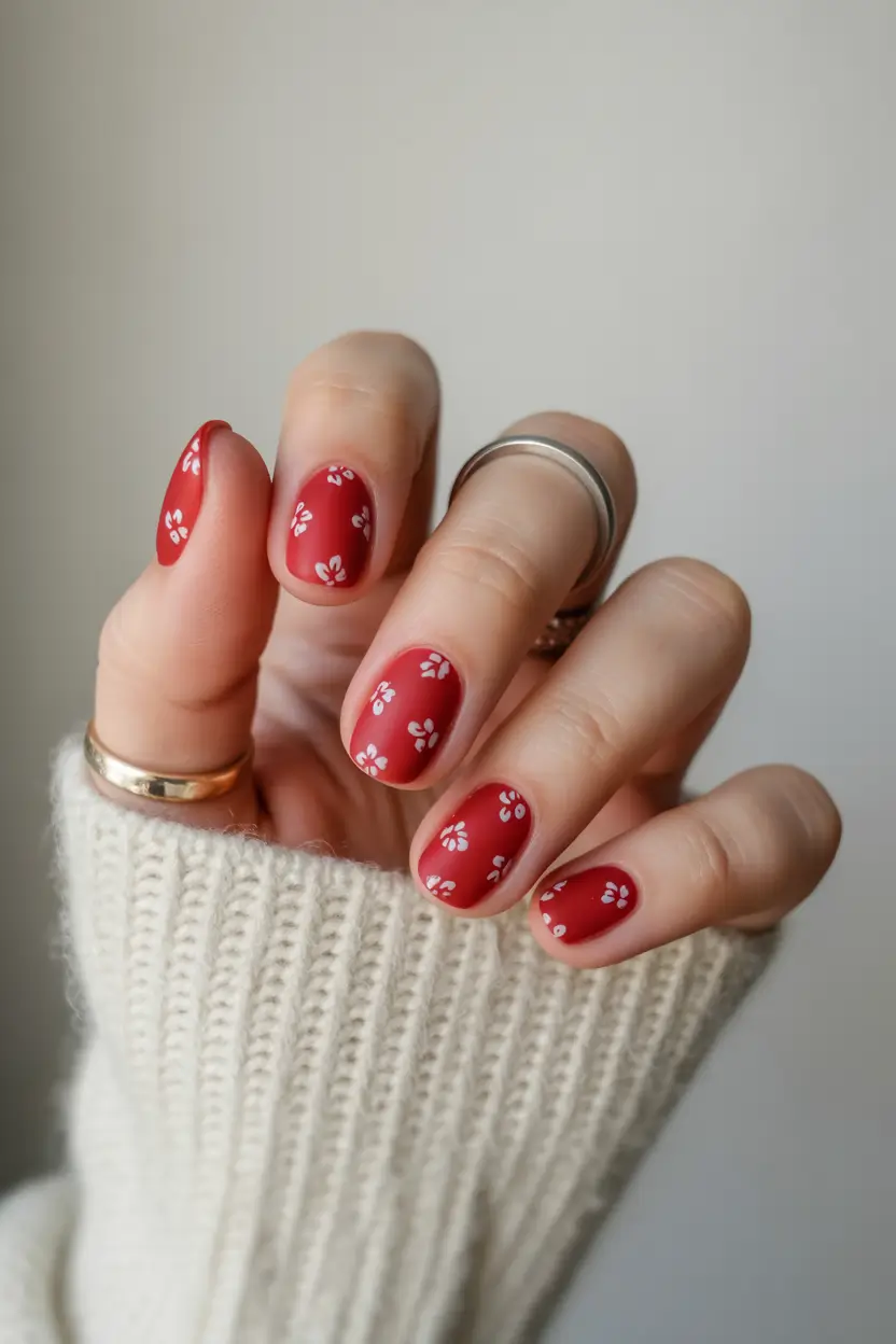 March Nails Ideas - Spring Trends 2026 Red Short Nails with Tiny White Florals