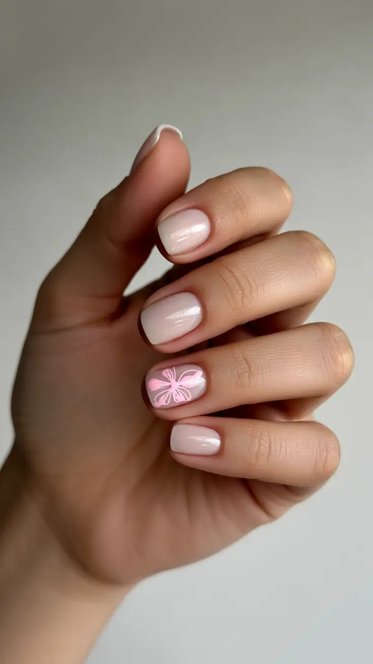 March Nails Ideas - Spring Trends 2026 Milky Nude Nails with a Single Butterfly Accent