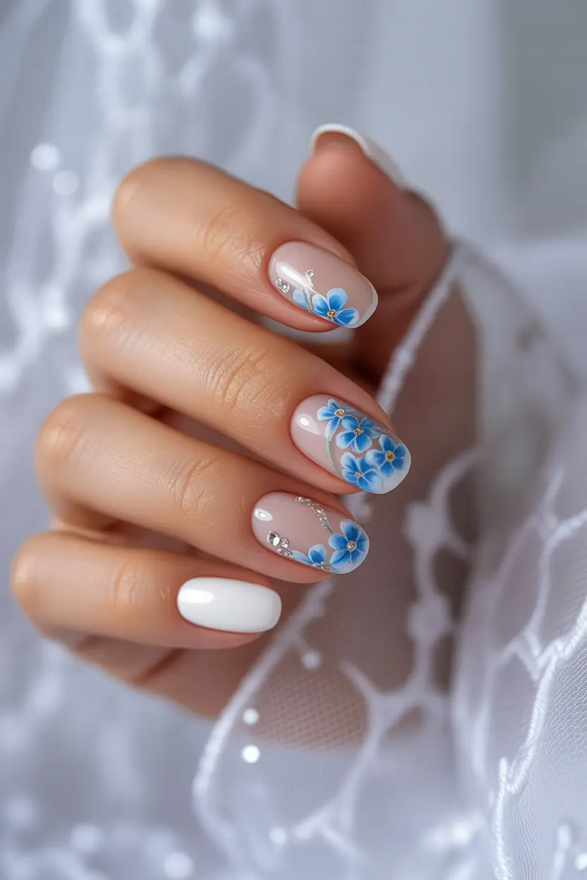 March Nails Ideas - Spring Trends 2026 Blue Floral Nails with a Clean White Base
