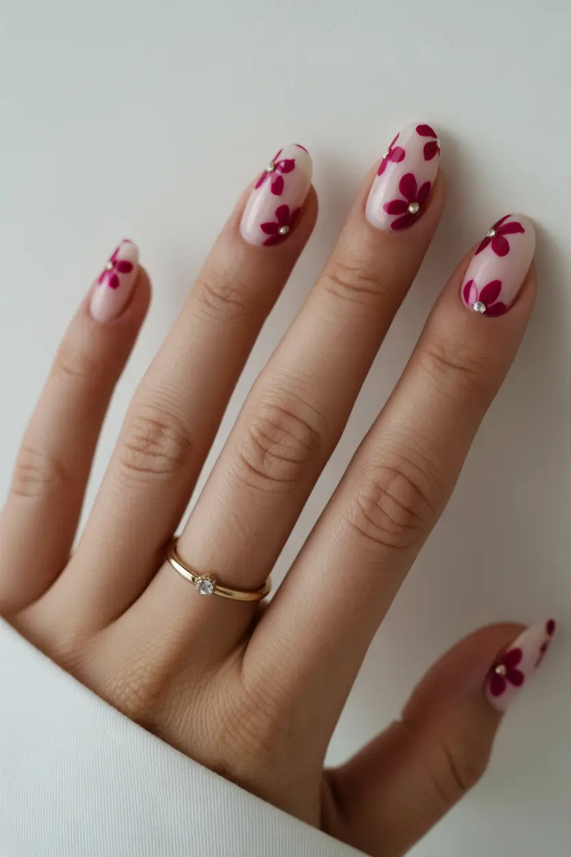 March Nails Ideas - Spring Trends 2026 Pink Flower Nails with Tiny Crystal Centers