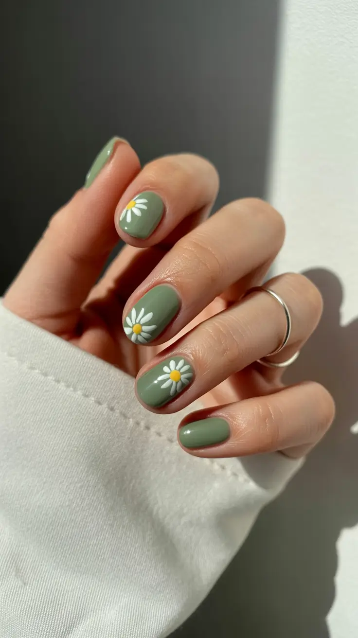 March Nails Ideas - Spring Trends 2026 Minimal Green Daisies