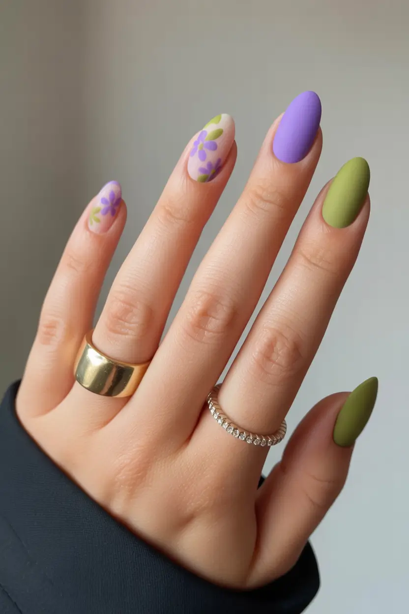 March Nails Ideas - Spring Trends 2026 Lavender and Green Almond Nails