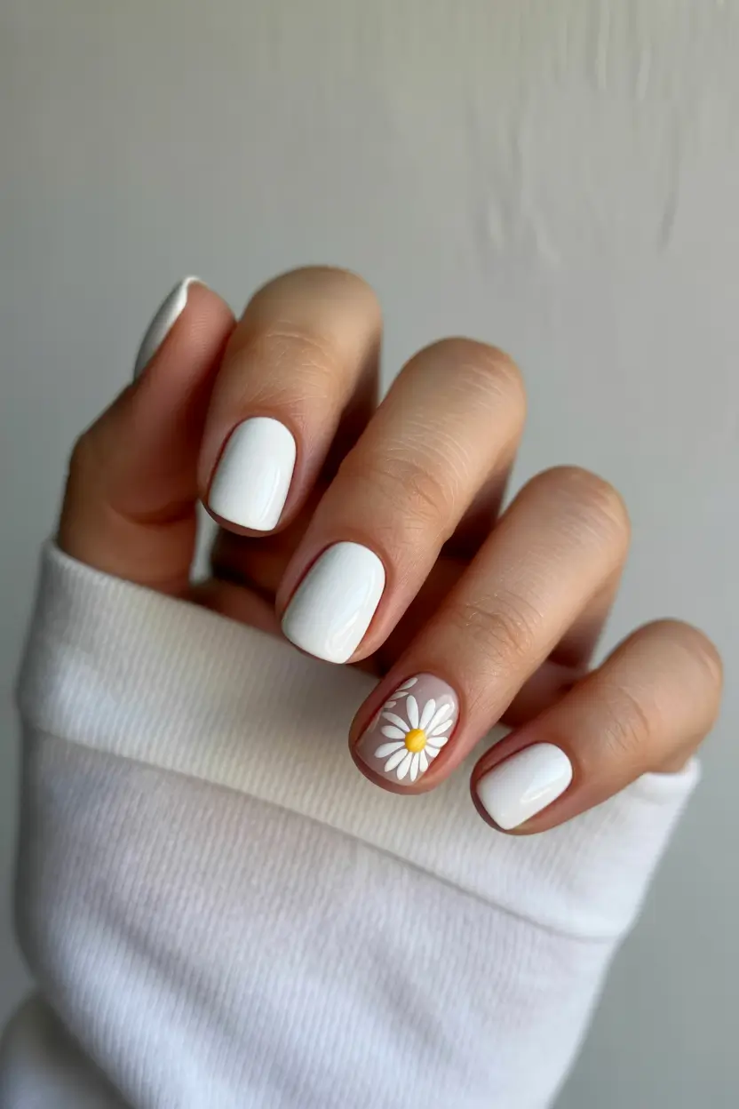 March Nails Ideas - Spring Trends 2026 Classic White Gel with One Daisy Detail