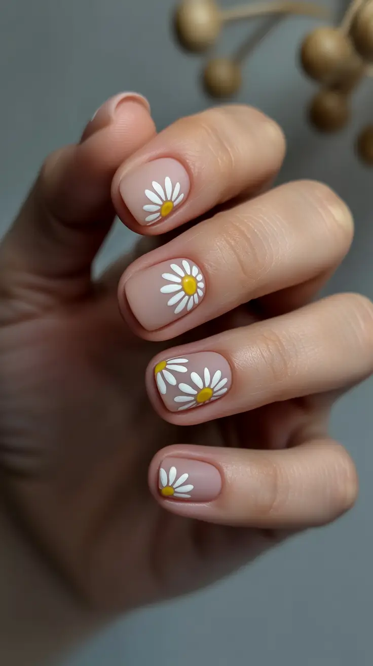 March Nails Ideas - Spring Trends 2026 Soft Nude Short Nails with Dainty Daisies