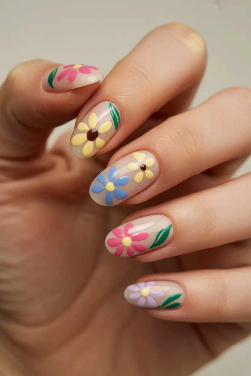 March Nails Ideas - Spring Trends 2026 Bright Spring Flowers on a Glossy Neutral Base