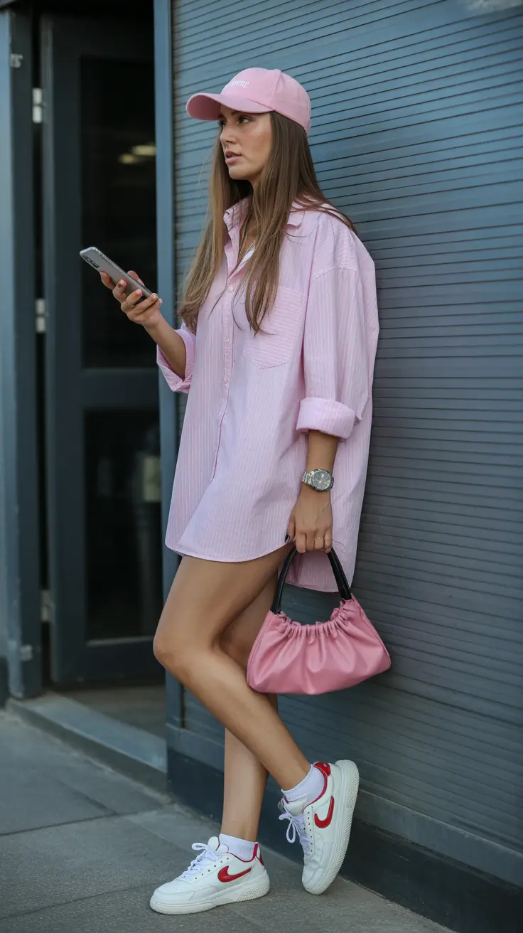 casual spring outfits 2026 Pink Oversized Shirt Dress With Sneakers - Soft Sporty Chic