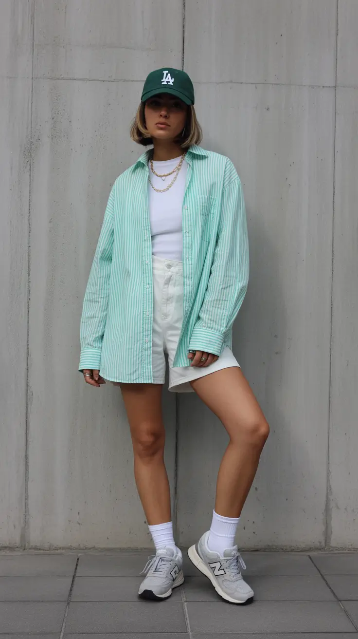 casual spring outfits 2026 Mint Stripe Shirt And White Shorts - Clean Cool-Girl Energy