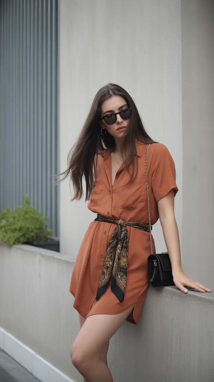 casual spring outfits 2026 Rust Shirt Dress With Scarf Belt - Effortless City Classy