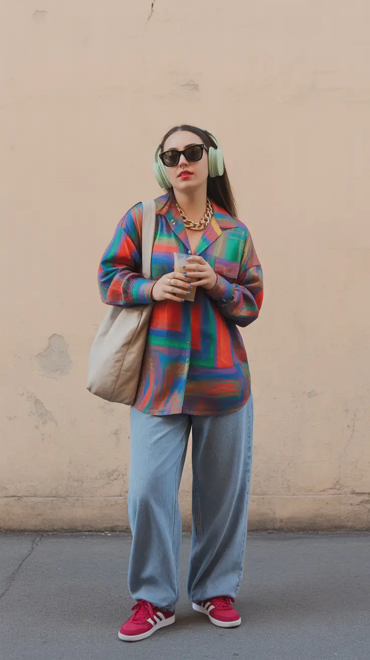 casual spring outfits 2026 Colorful Oversized Shirt With Wide Jeans - Artsy Cool And Comfy