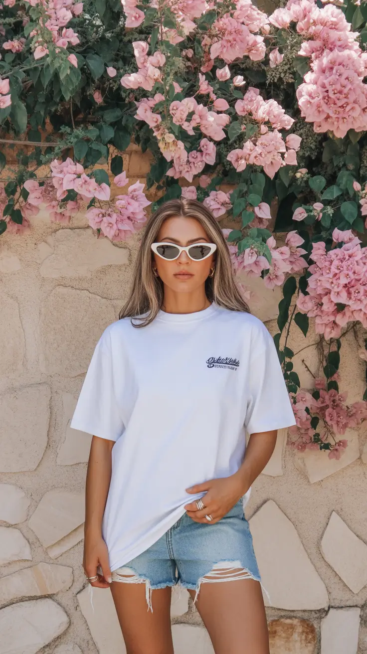 casual spring outfits 2026 Oversized White Tee And Denim Shorts With Aesthetic Energy