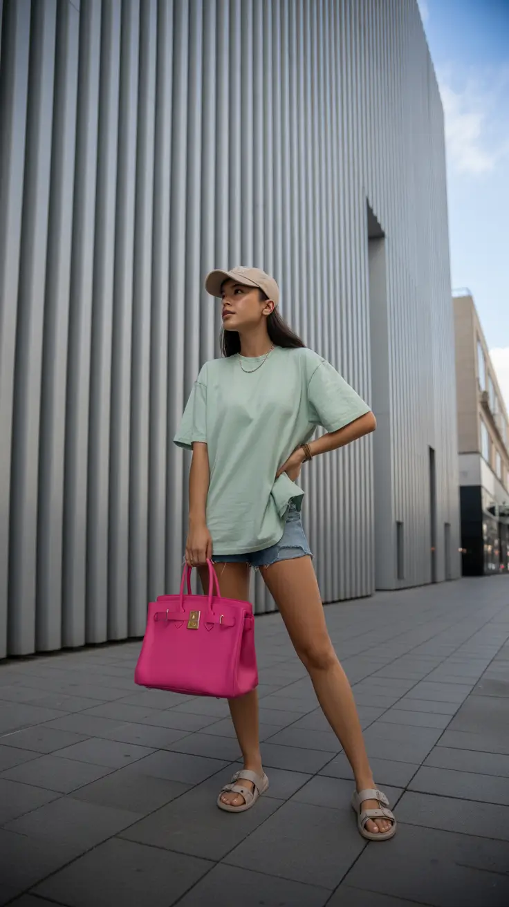 casual spring outfits 2026 Mint Tee And Denim Shorts With A Pop Bag Moment