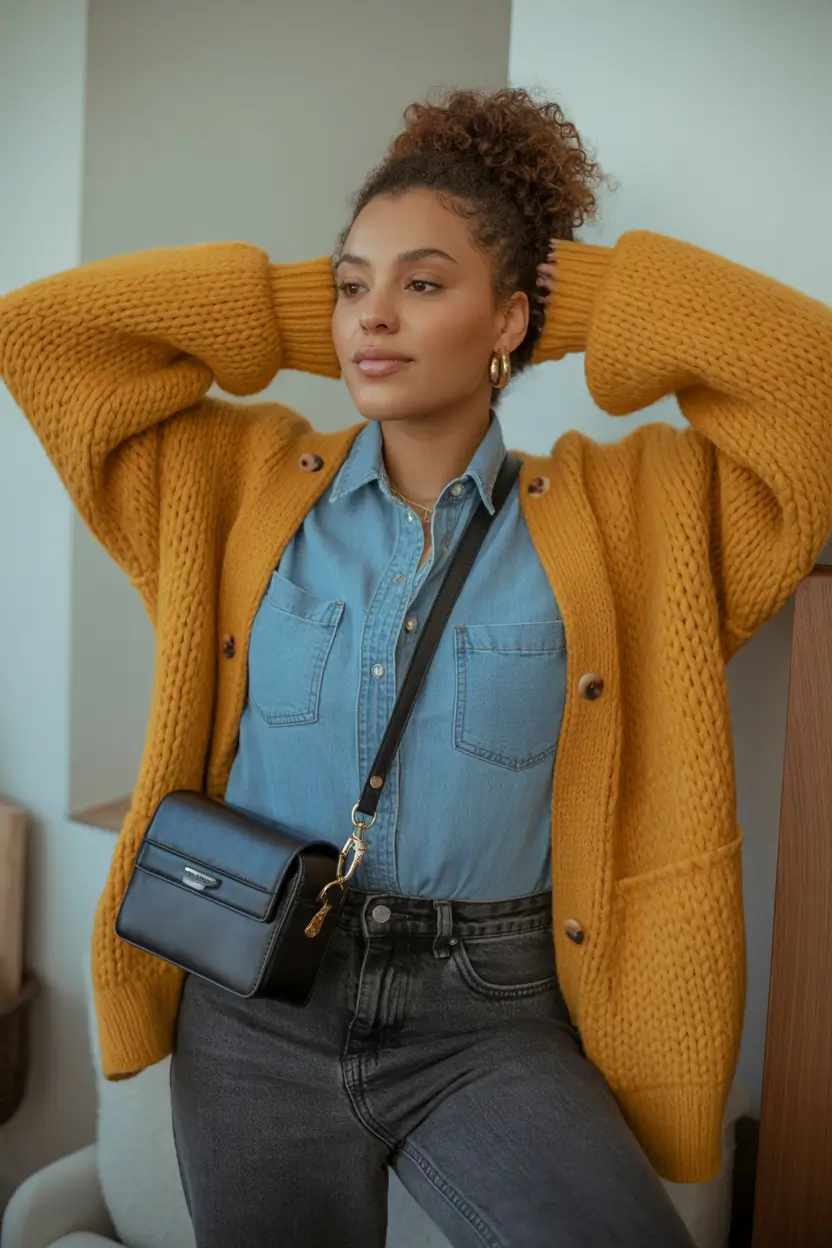 comfy spring outfits 2026 Mustard Knit Layers With Denim Confidence