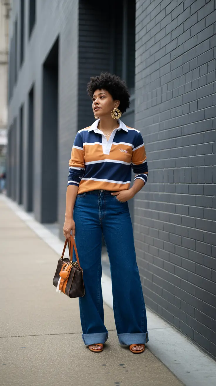 comfy spring outfits 2026 Sporty Stripes With Wide Leg Denim