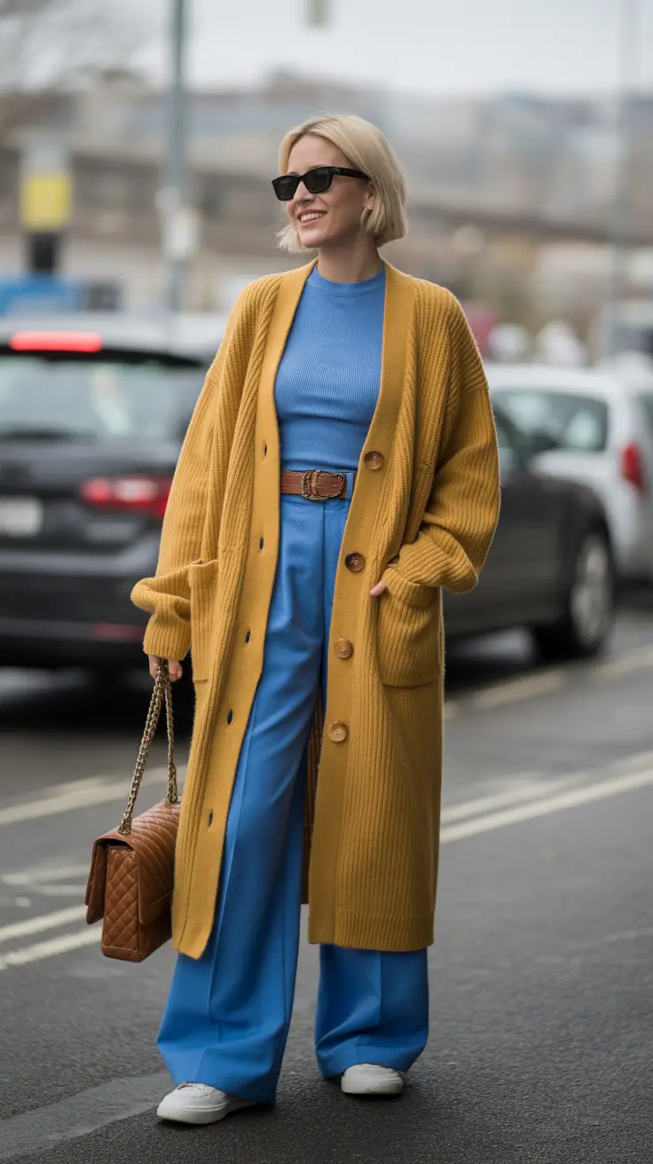 comfy spring outfits 2026 Blue Basics With a Long Cozy Cardigan