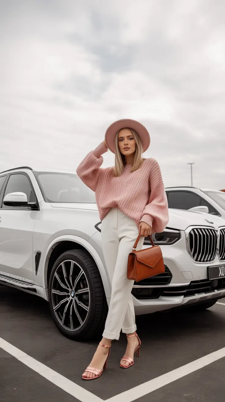 early spring outfits 2026 Pink Sweater and White Pants