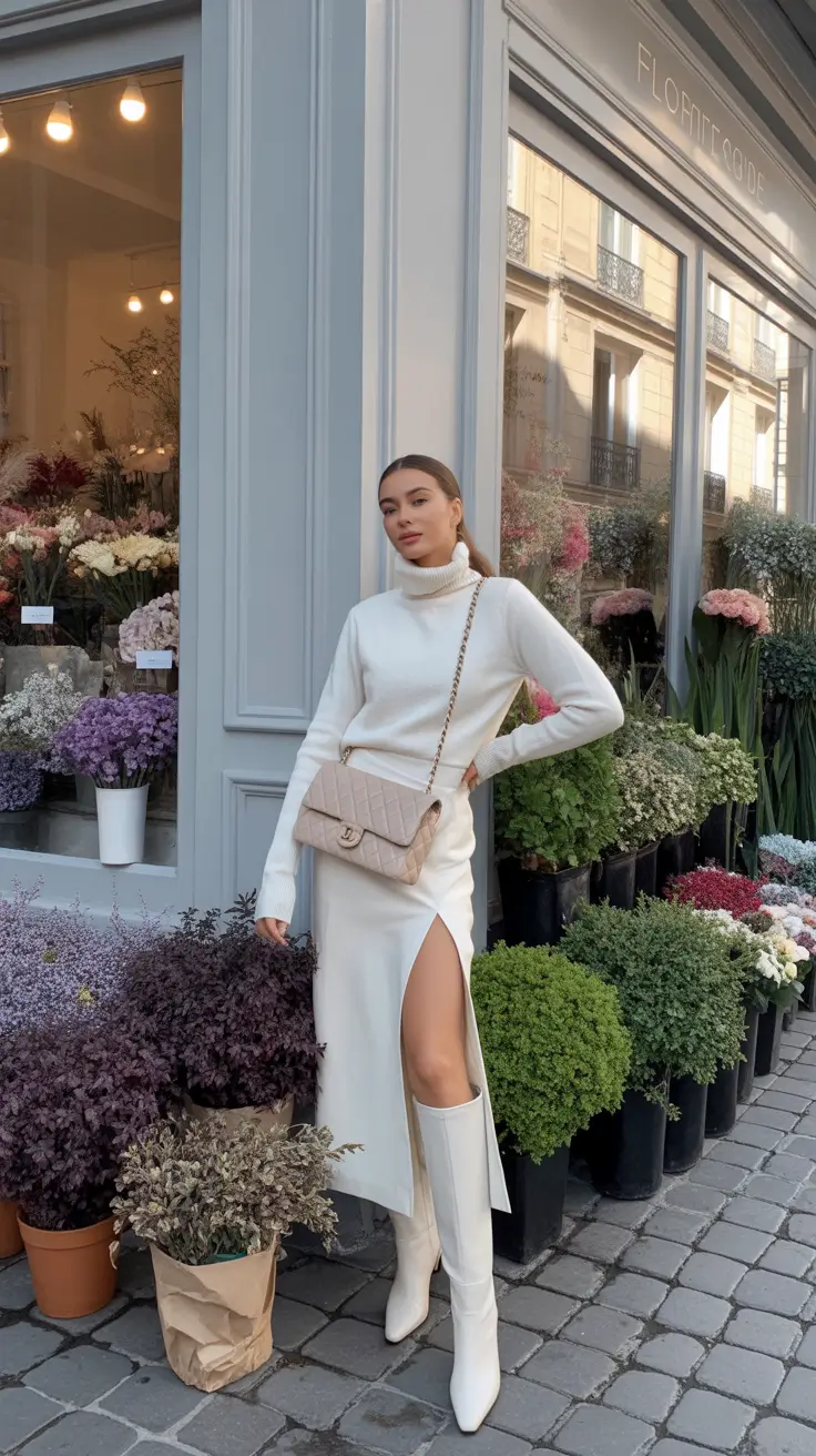 early spring outfits 2026 Cream Knit Set and White Boots for Paris Mood