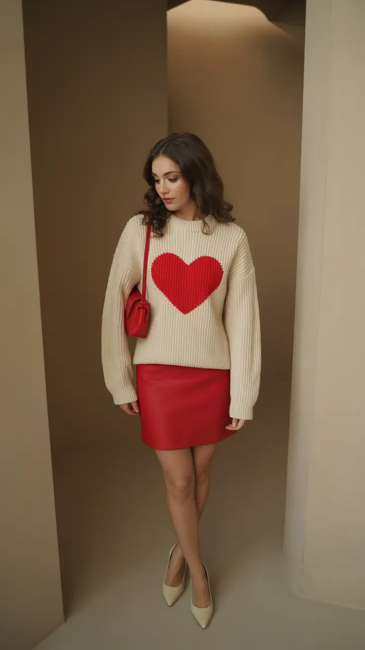 early spring outfits 2026 Heart Sweater and Red Mini for Cute Spring Contrast