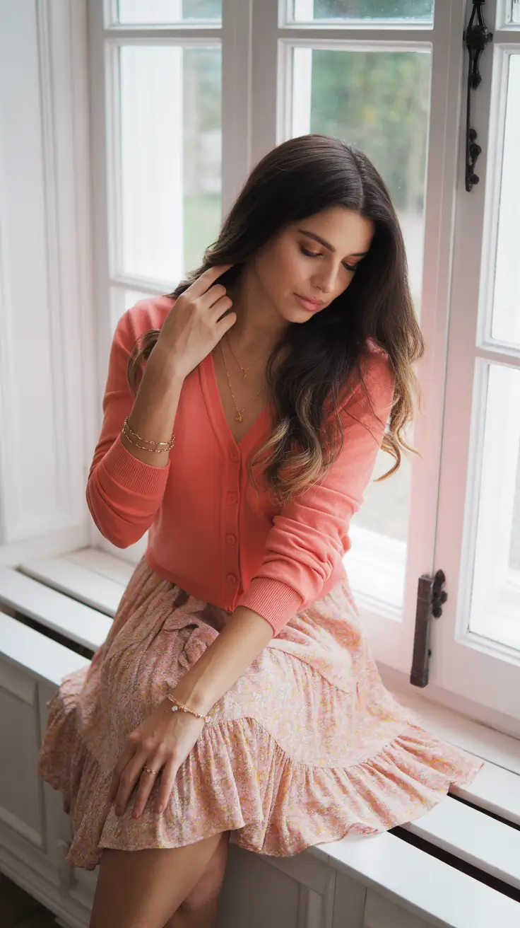 early spring outfits 2026 Light Cardigan and Printed Skirt