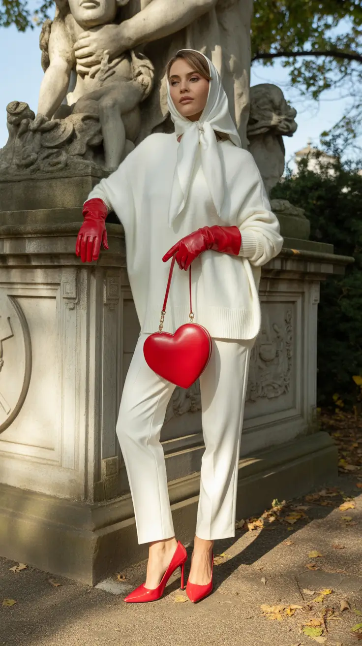 early spring outfits 2026 Winter White With a Bold Red Twist