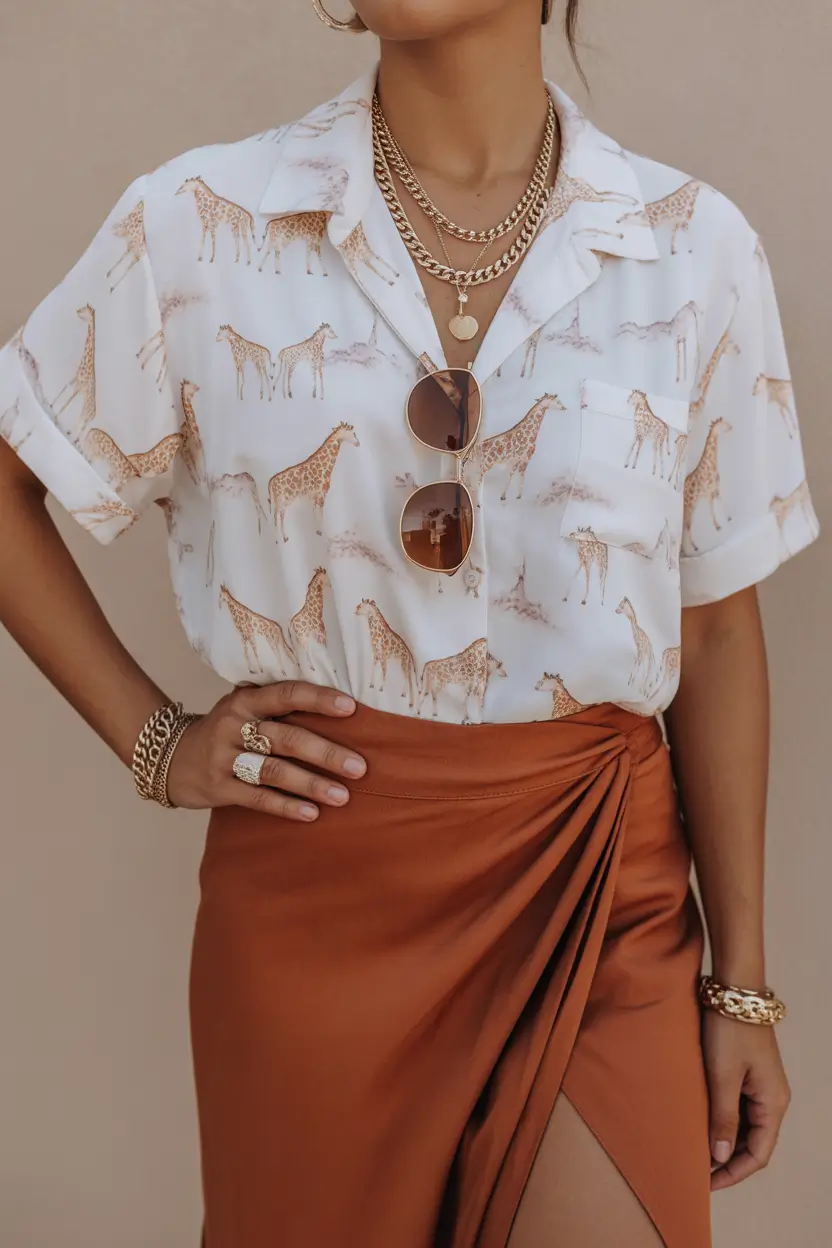 early spring outfits 2026 Printed Shirt and Wrap Skirt