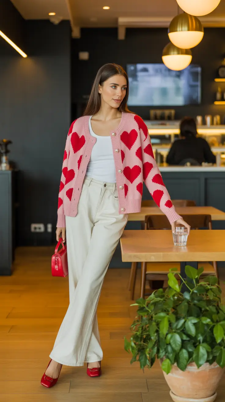 early spring outfits 2026 Pink Heart Cardigan and Cream Pants
