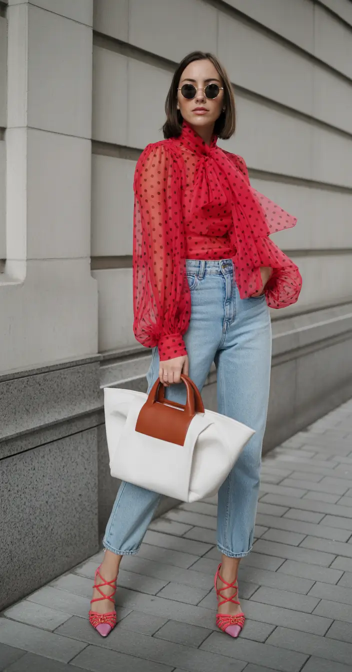 early spring outfits 2026 Red Sheer Blouse and Light Denim