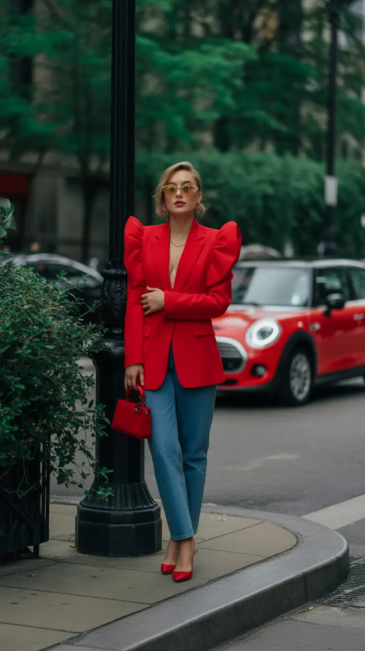 early spring outfits 2026 Red Power Blazer and Jeans