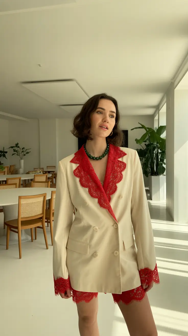 midsize spring outfits 2026 Red Lace Trim Suit for a Fashion Moment