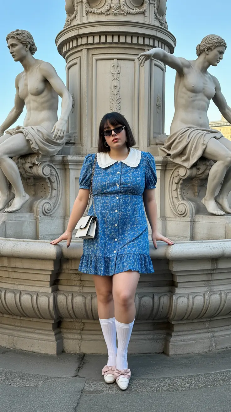 midsize spring outfits 2026 Blue Mini Dress With Retro School Energy