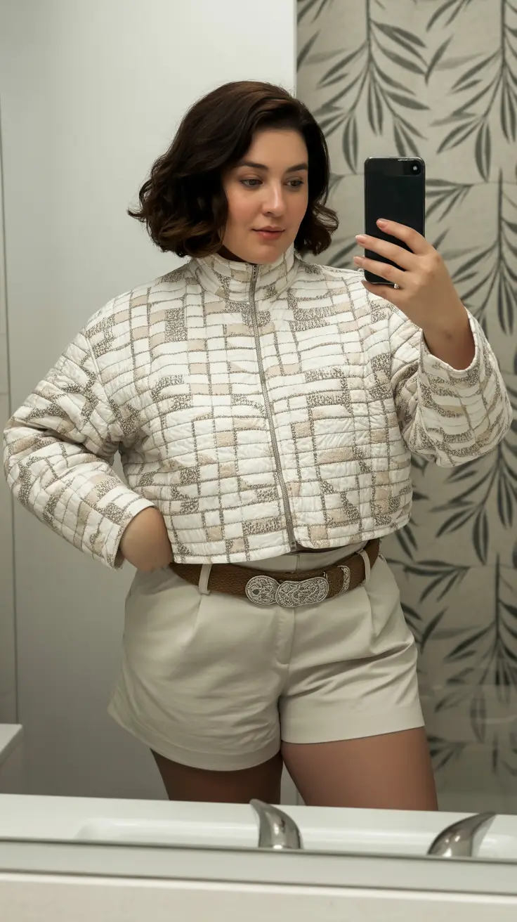 midsize spring outfits 2026 Quilted Jacket and Shorts With Weekend Ease