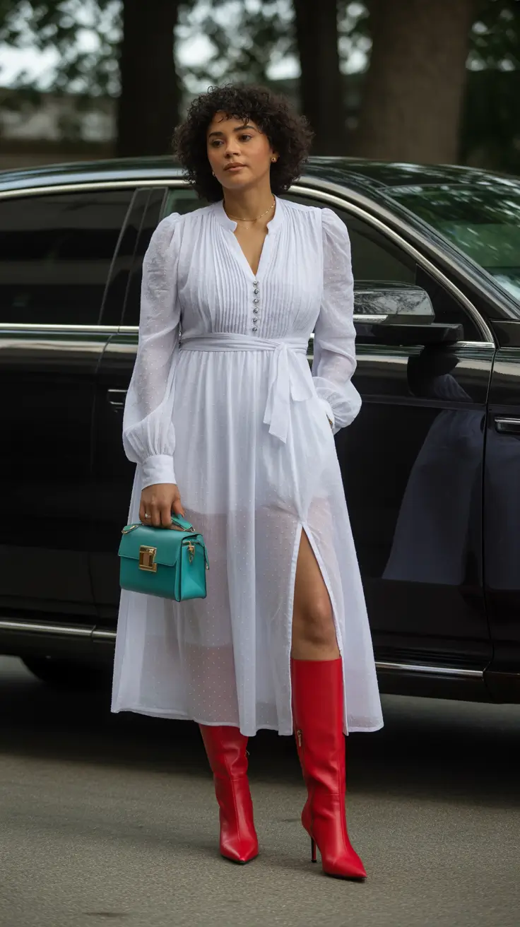 midsize spring outfits 2026 White Dress With Red Boots and a Pop Bag