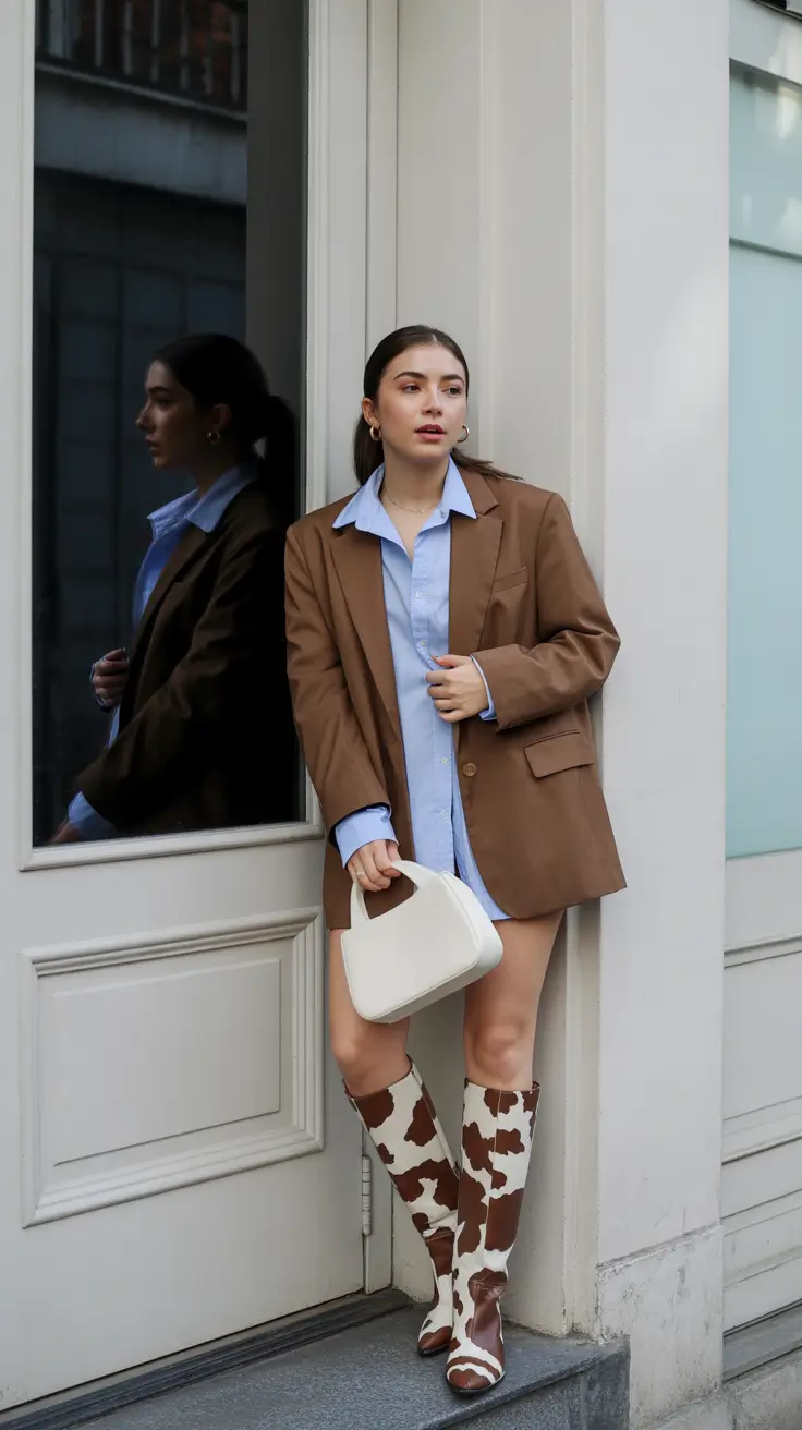 midsize spring outfits 2026 Blazer and Shirt Combo With Cow Print Boots