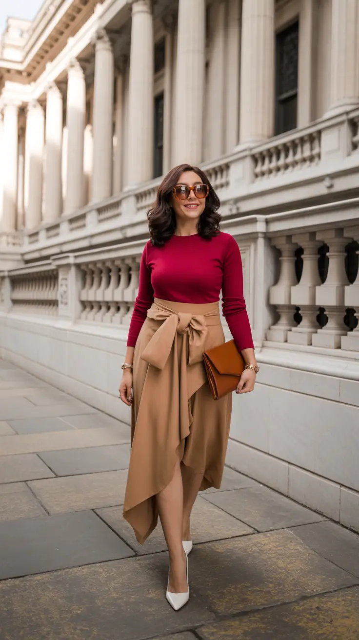 midsize spring outfits 2026 Playful Pop with a Wrapped Skirt Moment