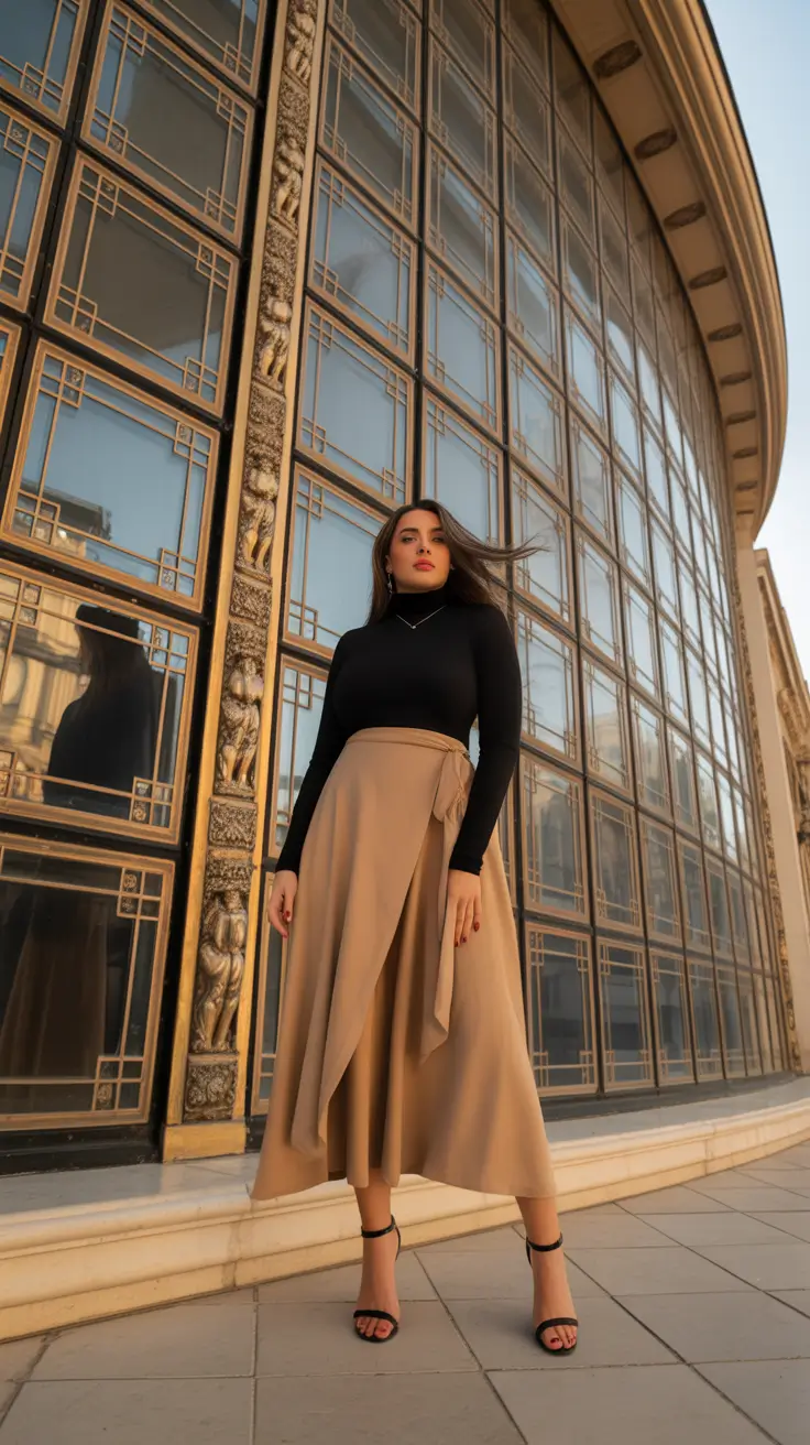 midsize spring outfits 2026 Modern Minimal with a Black Top and Neutral Skirt