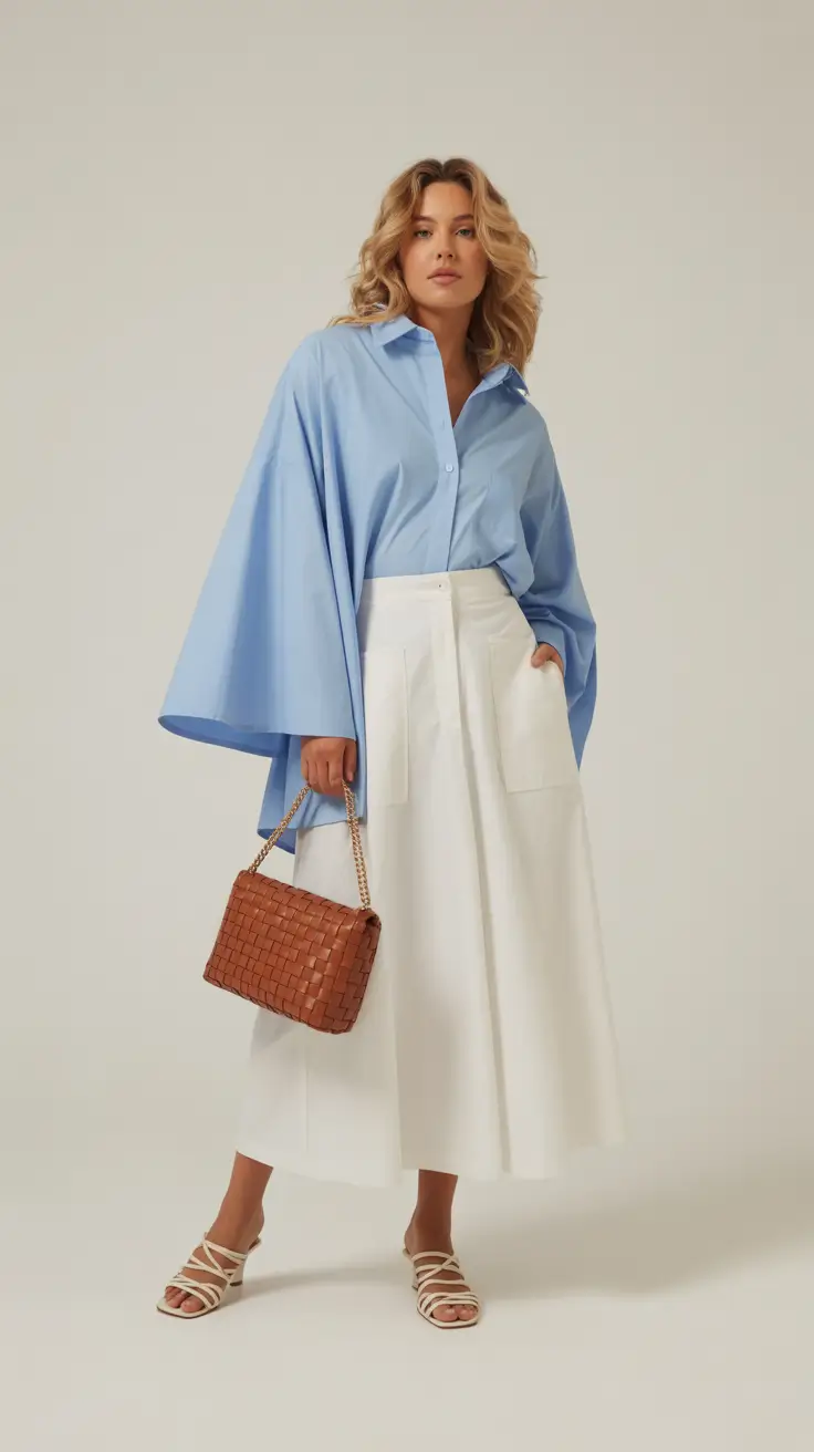 midsize spring outfits 2026 Light Blue Shirt and White Skirt Energy