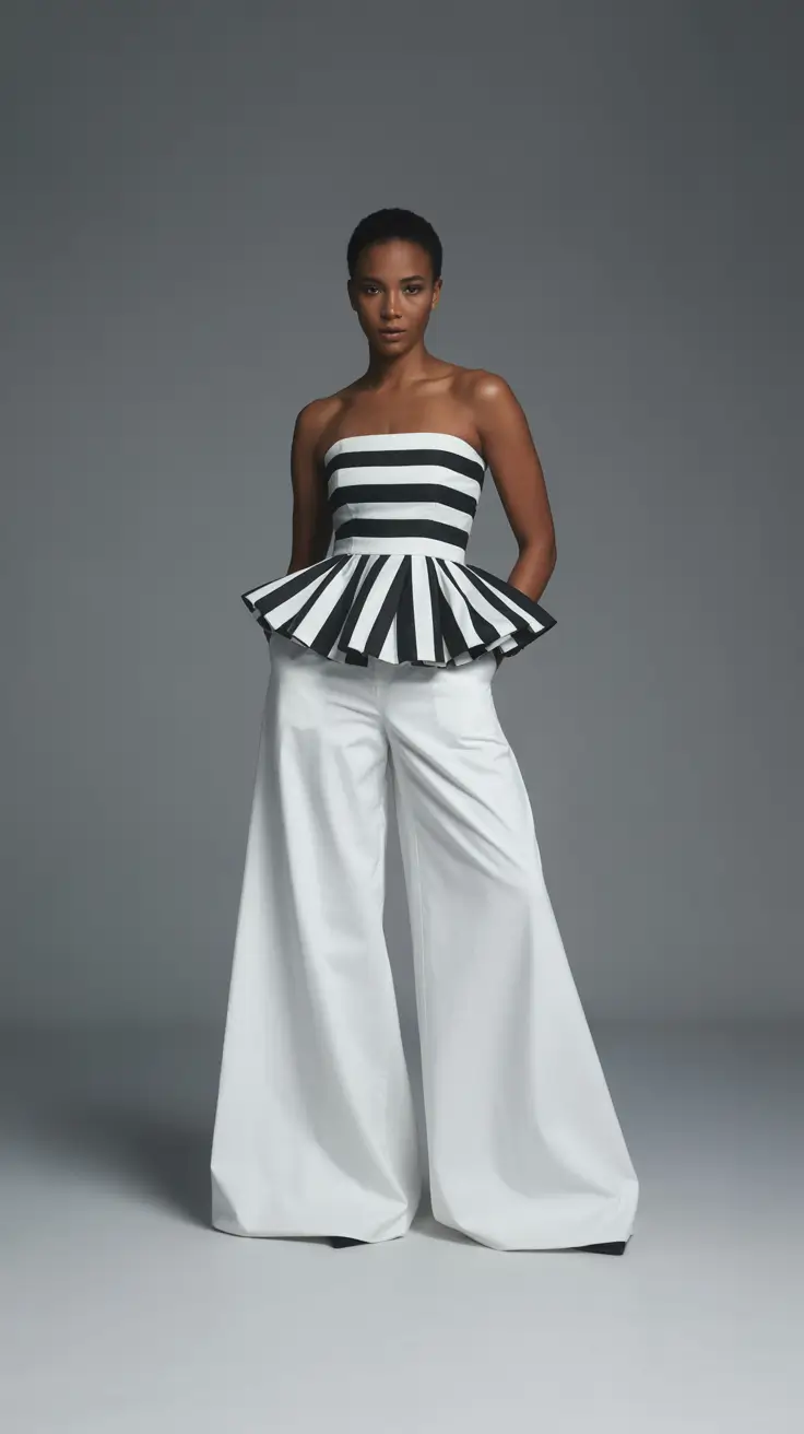 midsize spring outfits 2026 Striped Peplum Top With Wide Leg Drama