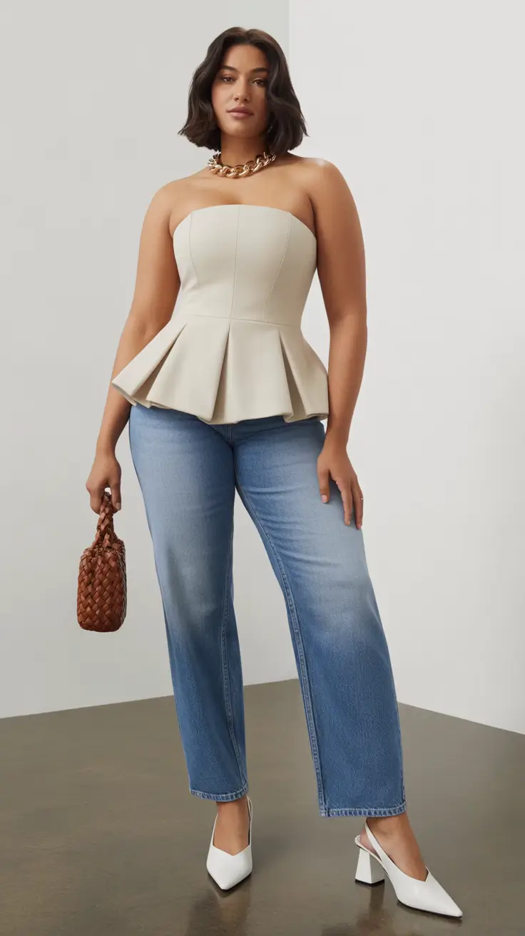 midsize spring outfits 2026 Peplum Top and Jeans With Clean Girl Glam