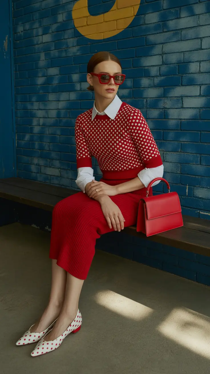 modest spring outfits 2026 Retro Red Knit and Midi Skirt Chic
