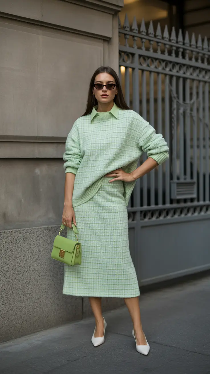 modest spring outfits 2026 Soft Green Knit and Tweed Skirt Balance