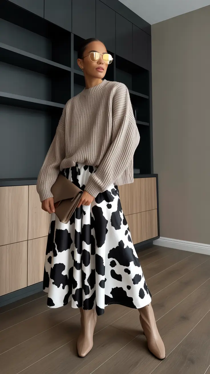 modest spring outfits 2026 Cozy Knit with Bold Graphic Skirt