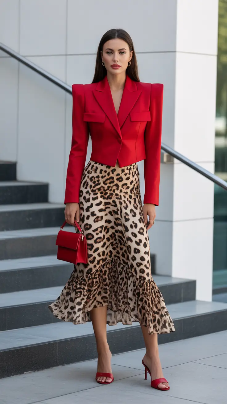 modest spring outfits 2026 Red Blazer and Leopard Midi Power