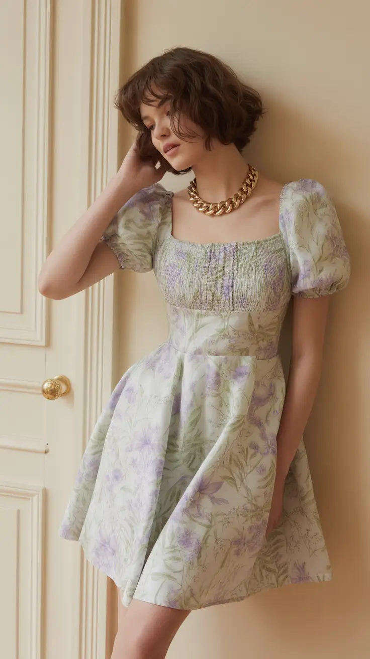 modest spring outfits 2026 Soft Floral Dress with Puff Sleeve Charm