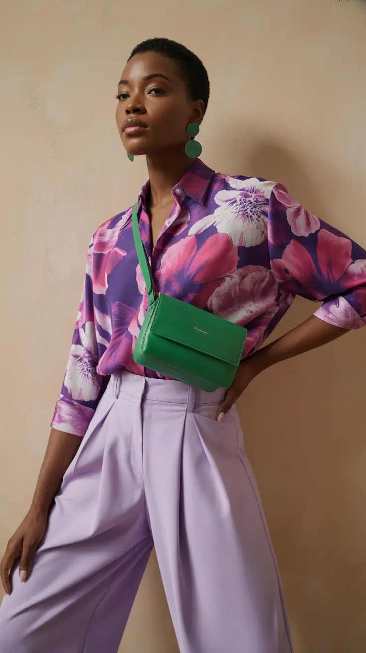 modest spring outfits 2026 Lavender Pants with Bold Floral Shirt