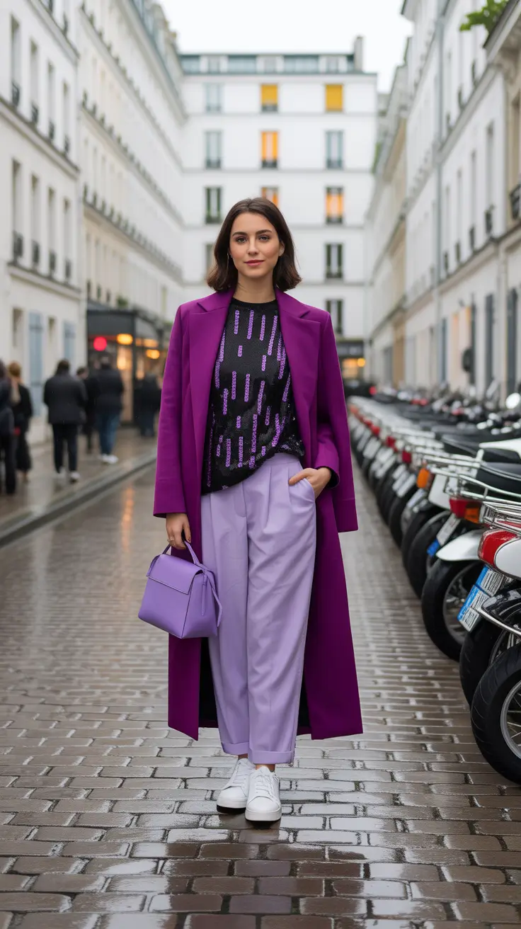 modest spring outfits 2026 Purple Coat and Lilac Pants Street Style